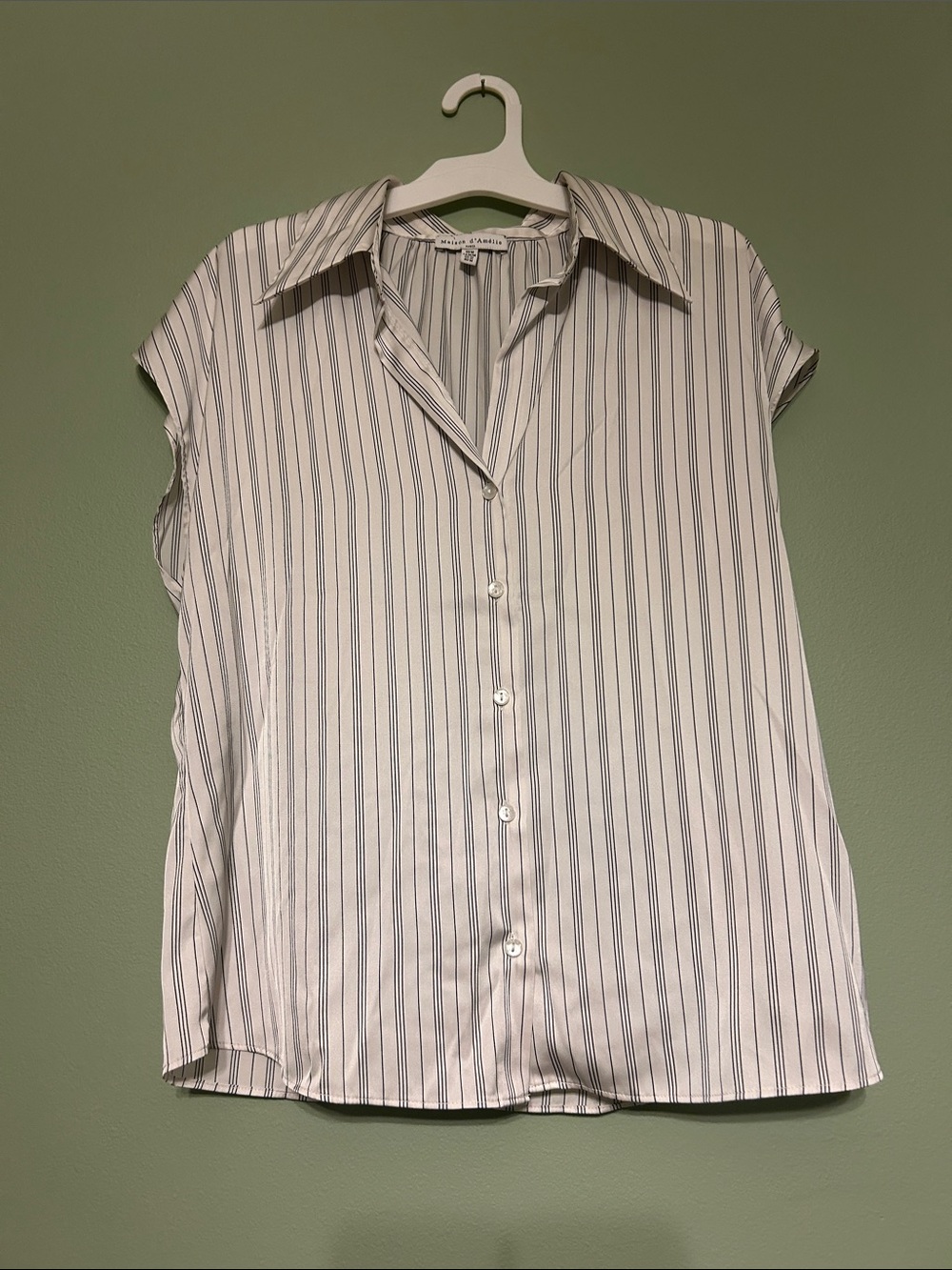 Maison d’Amélie White & Blue Striped Cap-Sleeve Button Front Top